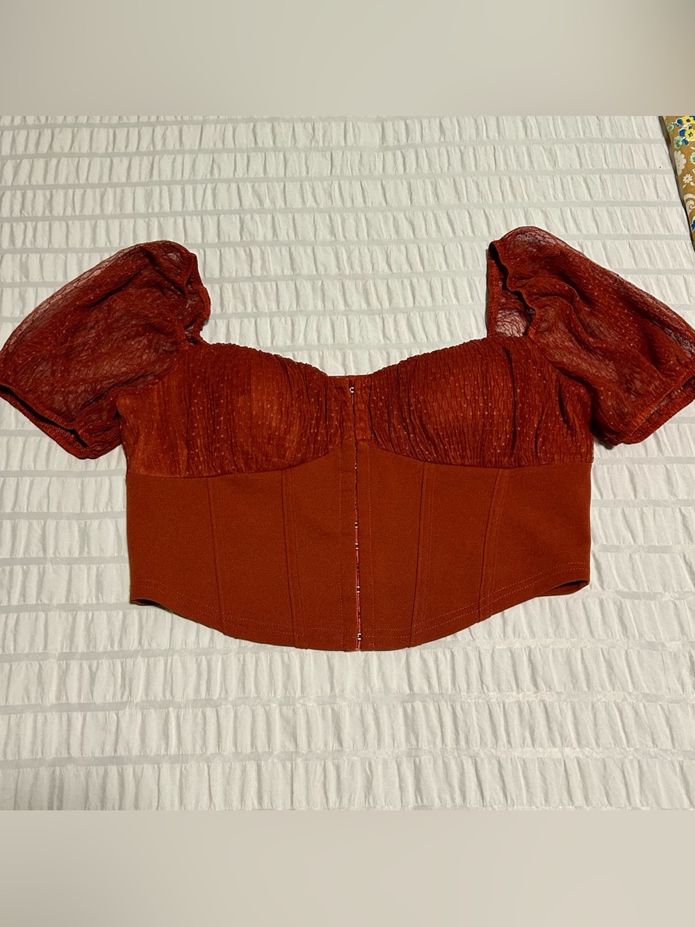 Windsor Rust Puff-Sleeve Corset Crop Top